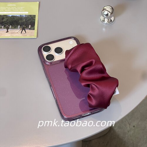 高级新款勃艮第红闪粉褶皱丝巾腕带适用于苹果18promax手机壳iphone18pro纯色17p潮流17/18pro防摔17手拎弹力