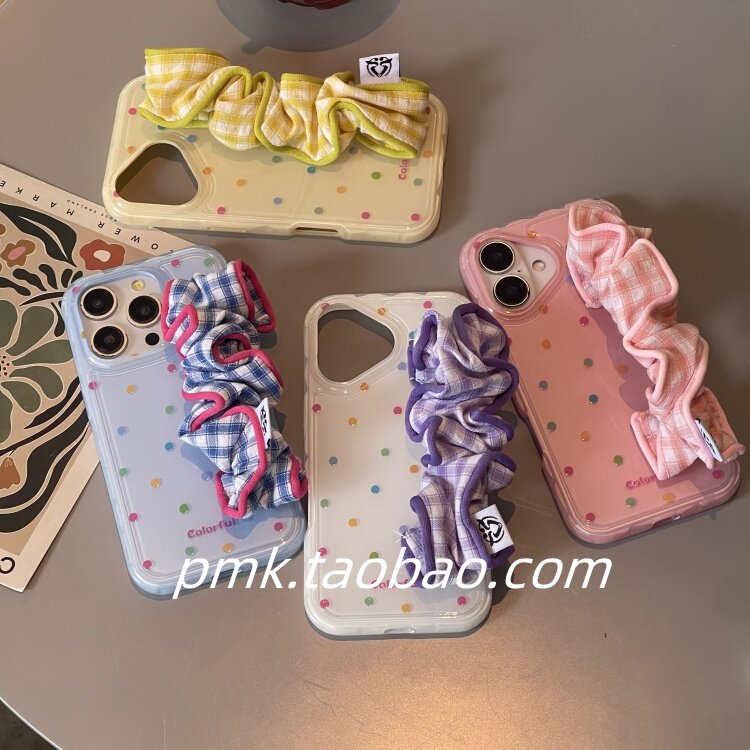 夏日ins清爽彩色波点撞色格子大肠发圈弹性腕带适用iphone16promax苹果15手机壳13新款14个性14pro便捷手腕带