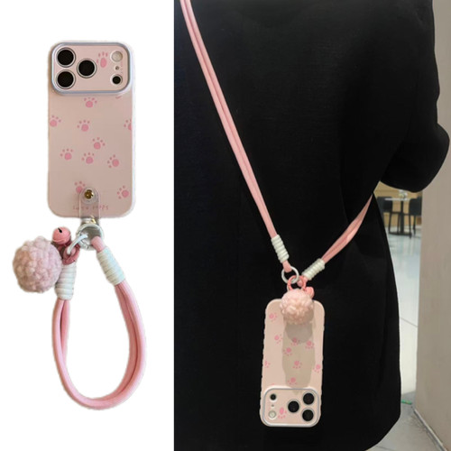 气质少女可爱猫抓手提绳腕带铃铛适用于苹果18promax17手机壳iPhone16pro挂件毛球15pm防摔14pro斜挎绳背包