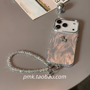 高级感小众银色羽纱小马水晶手链适用苹果16/15promax手机壳iphone17女款13pro新款14镭射12promax带膜保护套