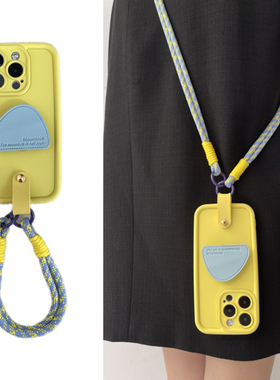 磨砂奶黄色半圆形蓝支架适用iPhone17斜挎手提绳手机壳16/13Promax苹果11创意12Pro苹果xs/xr防摔15Pro背包式