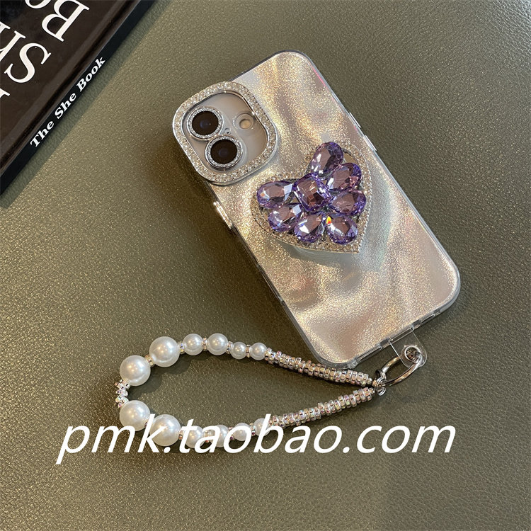 气质ins紫色闪钻爱心支架适用iPhone15苹果新款镭射银16promax手机壳14/13珍珠闪砖链条软边壳12pro/17高级感