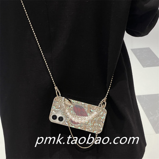 小众金属银色爱心斜挎适用iPhone16/15/pro14promax苹果12手机壳11x褶皱13新款不规则保护套软壳17pro