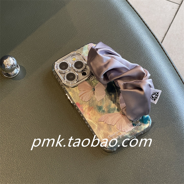 春天ins清新绿色蝴蝶灰紫丝巾腕带适用苹果15promax手机壳iphone17新款16pro女12带镜头膜高级感14弹力手提