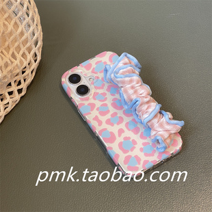 夏季 15pro高级感14ProMax手拎13 ins清爽粉蓝格豹纹大肠发圈弹性腕带适用苹果16promax手机壳韩风iphone17新款