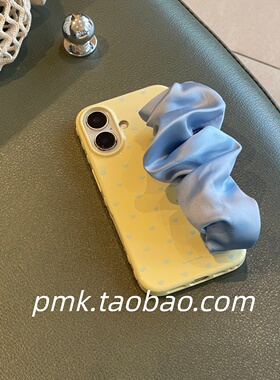 ins少女奶黄色蓝爱心丝巾腕带弹力适用苹果17promax手机壳便捷手提手拎iphone17新款16女15女14亮面13保护套