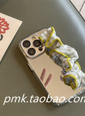 ins清爽绿色格纹大肠发圈弹性腕带适用苹果16promax手机壳补妆镜面iphone13新款15pro高级感14Pro/13/12手拎
