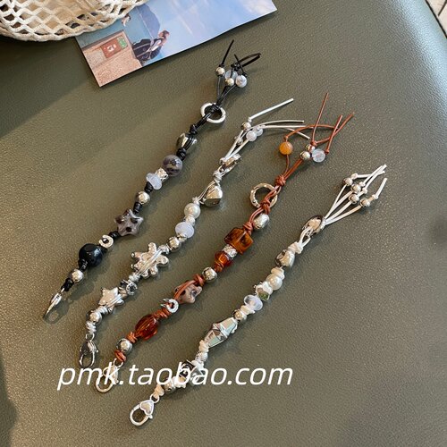 手机链条手工编织手机挂绳复古琥珀星星小熊银色挂饰女款卡片通用