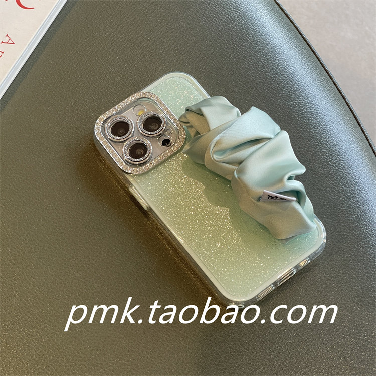 气质轻奢高级感闪粉薄荷丝巾腕带褶皱16pro适用15苹果14promax手机壳13pro手提手拎12防摔17韩风14保护套