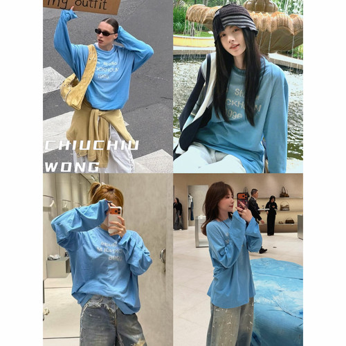 CHIUCHIUWONG 鞠婧祎同款 1996温柔冰蓝色 做旧长袖印花T恤女