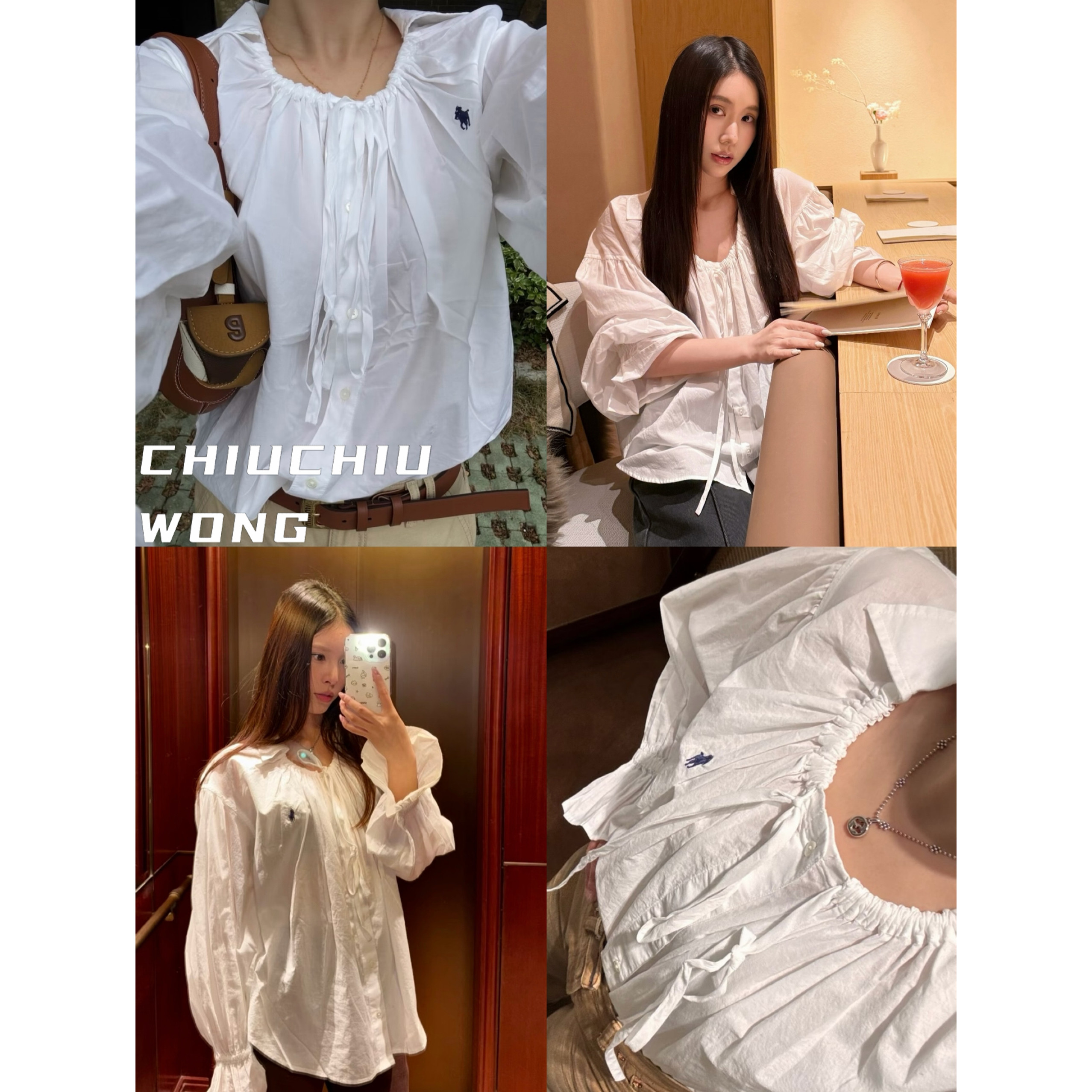 CHIUCHIUWONG 小马刺绣 绸缎面料皱褶设计可调节蝴蝶结飘带衬衫女