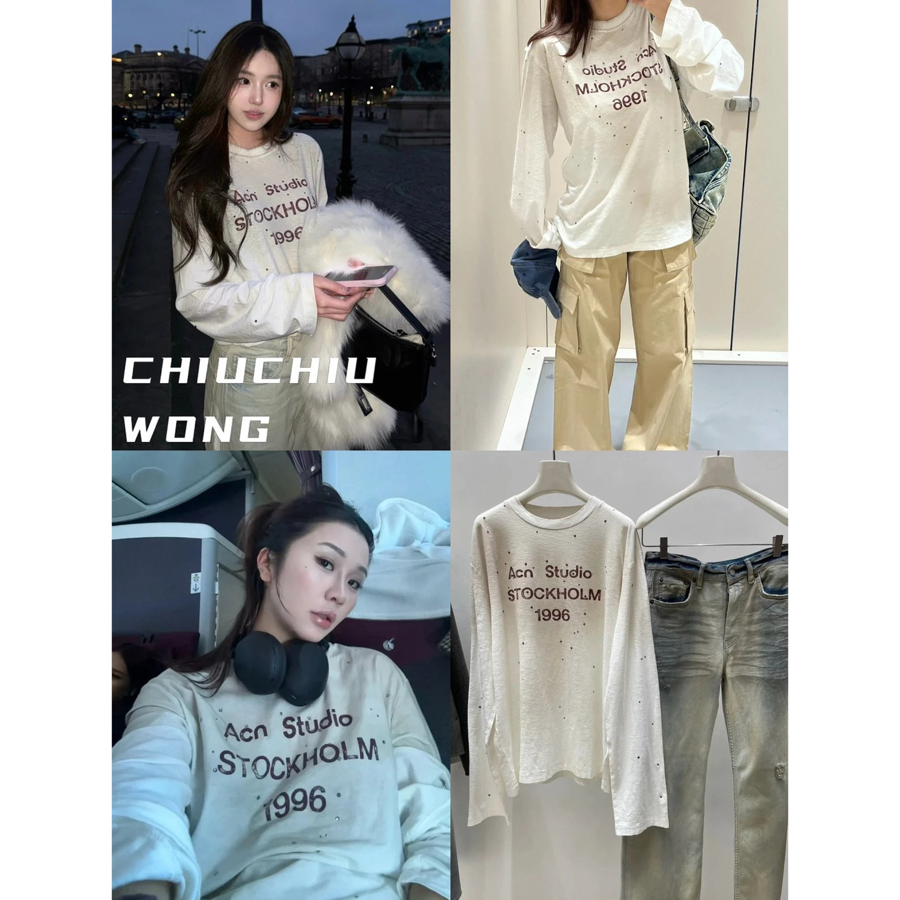 CHIUCHIUWONG 北美限定~1996水洗做旧复古烫钻长袖T恤女