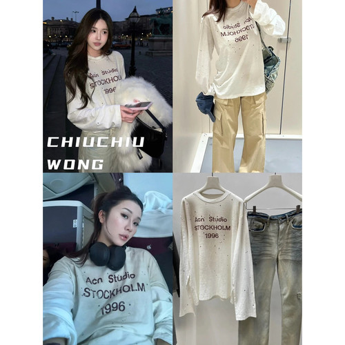 CHIUCHIUWONG 北美限定~1996水洗做旧复古烫钻长袖T恤女