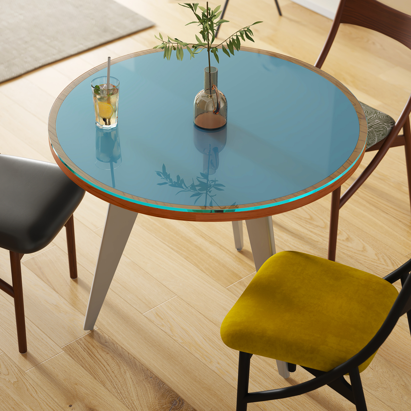 不锈钢复古拼色桌子家用圆形餐桌法式复古玻璃小户型餐厅吃饭桌子