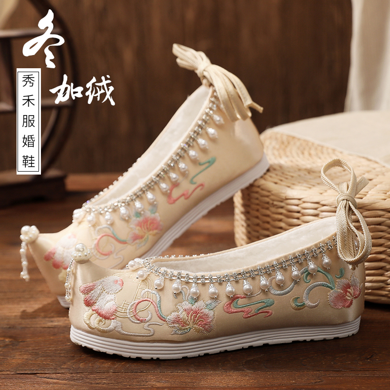 冬季汉服鞋子女加绒秀禾婚鞋中式