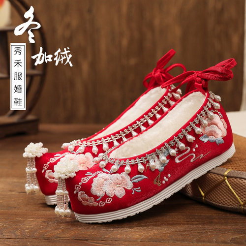 中式婚鞋女冬季加绒内增高汉服鞋