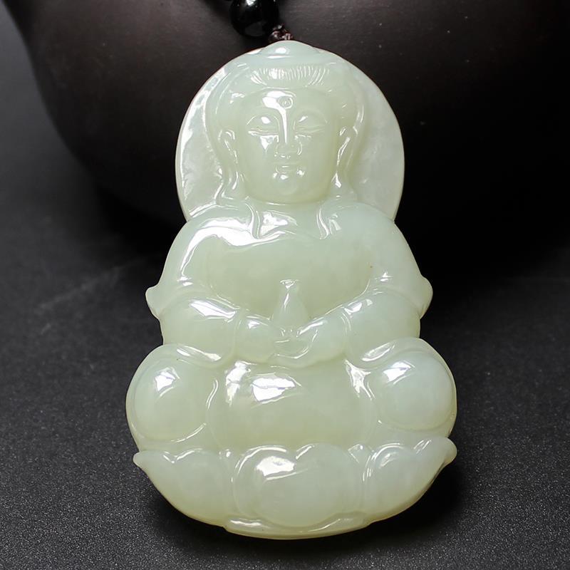 正品新疆和田玉白玉观音吊坠男款籽料原石观音菩萨玉器挂件送证书