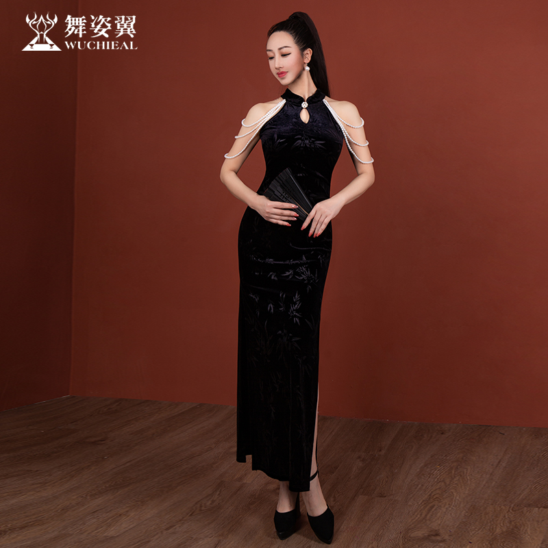 舞姿翼新中式走秀挂脖珍珠旗袍女