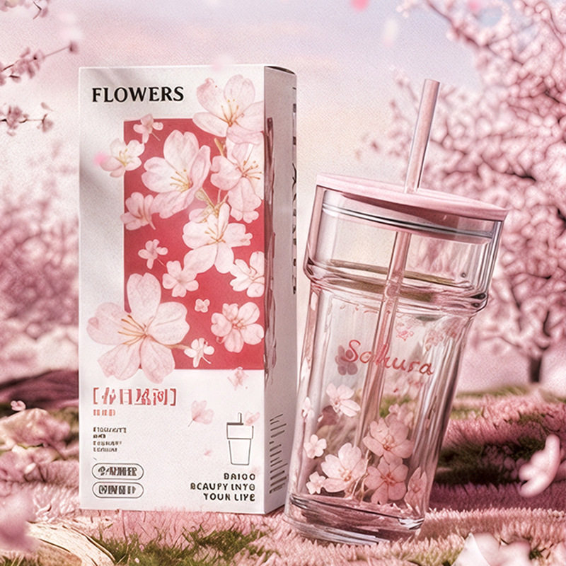 春日高颜值ins风玻璃杯樱花女吸管杯