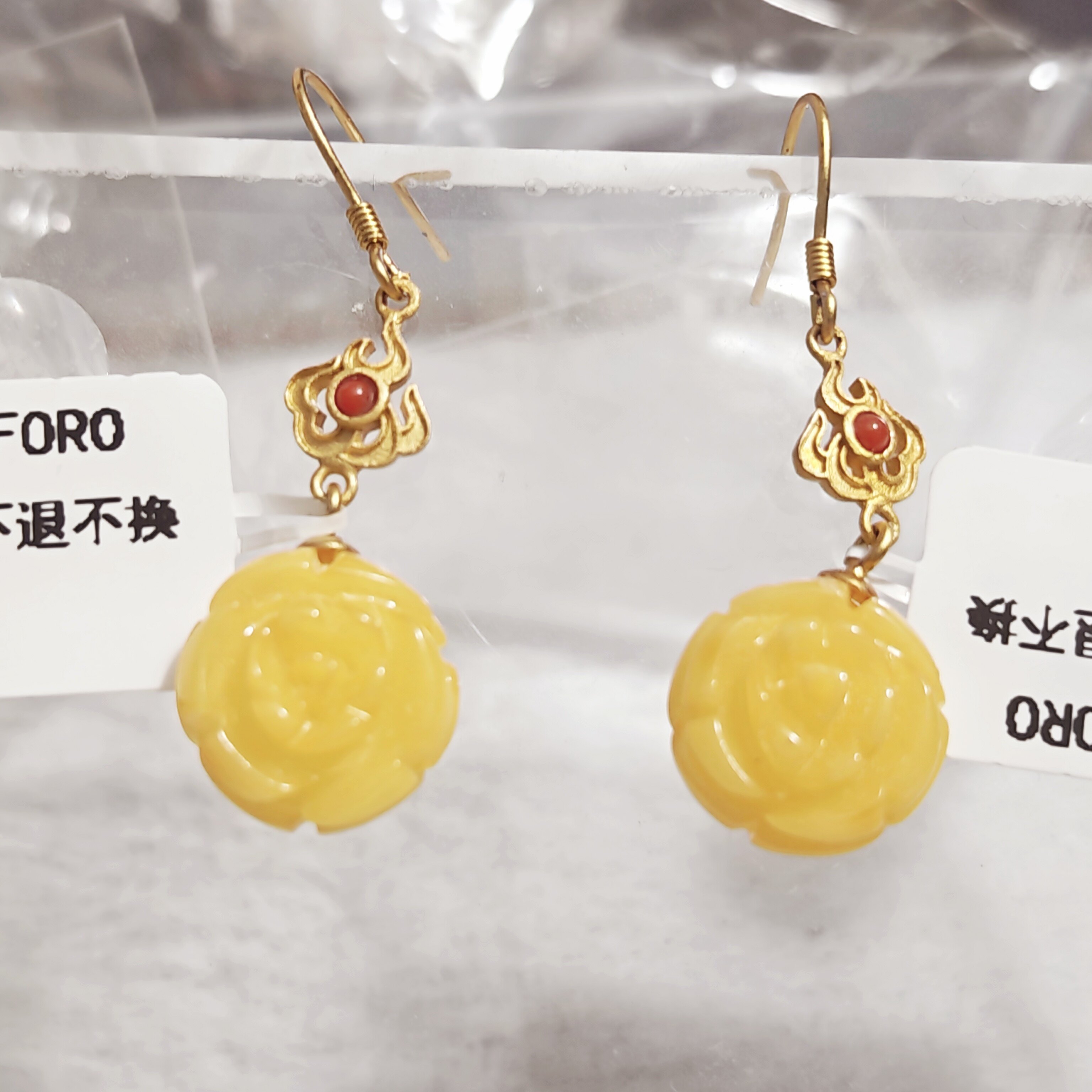 禧芙蓉XFOROS925银镀金蜜蜡玫瑰花长款耳环手工复古民族风耳钉