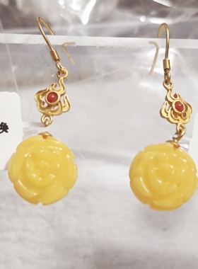 禧芙蓉XFOROS925银镀金蜜蜡玫瑰花长款耳环手工复古民族风耳钉
