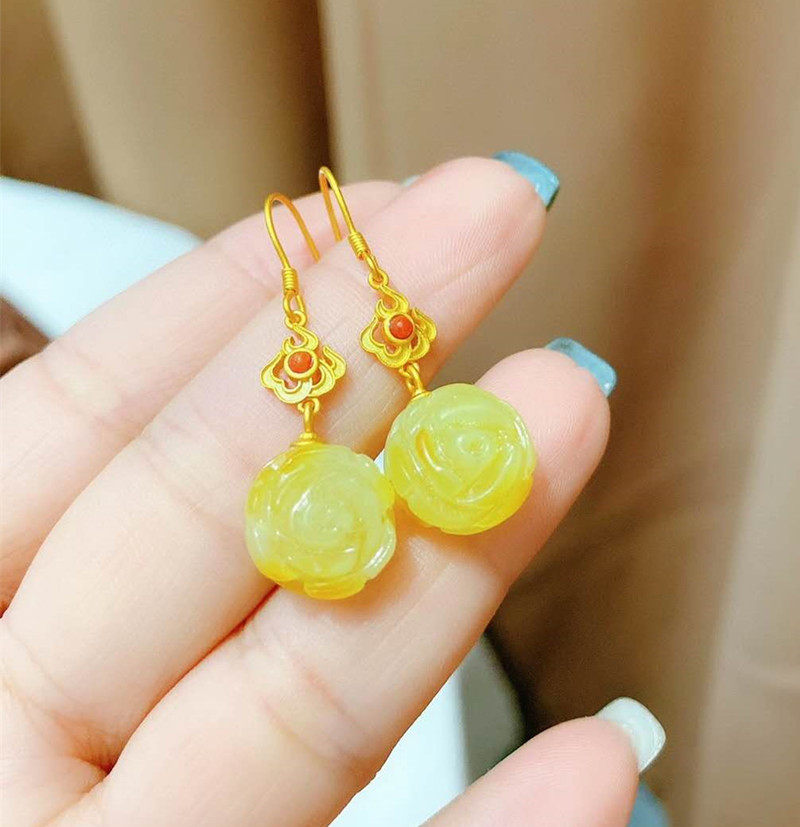 S925纯银镀金天然蜜蜡玫瑰花长款耳环手工制作国潮气质复古民族风