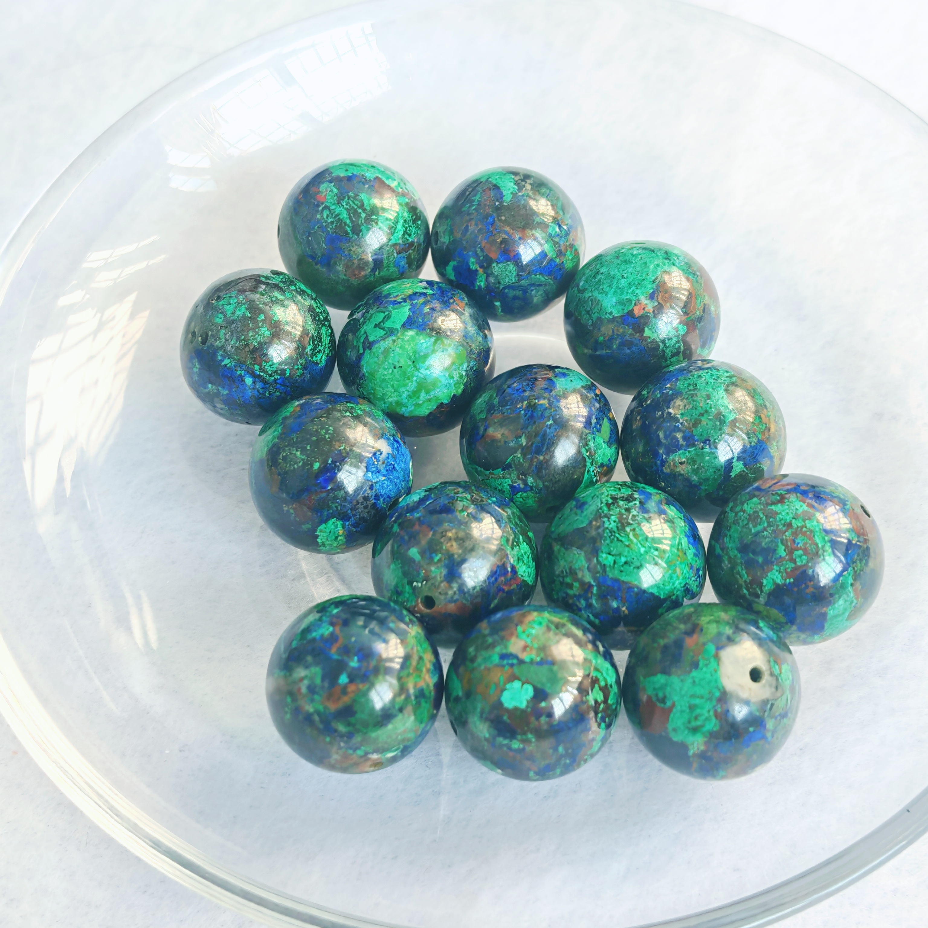 小地球蓝铜矿孔雀青金凤凰石16mm圆珠手工DIY单珠配件