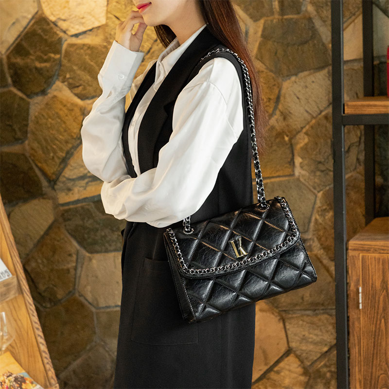 LK真皮女包小香风高级感菱格链条包2024秋冬新款翻盖单肩斜挎包