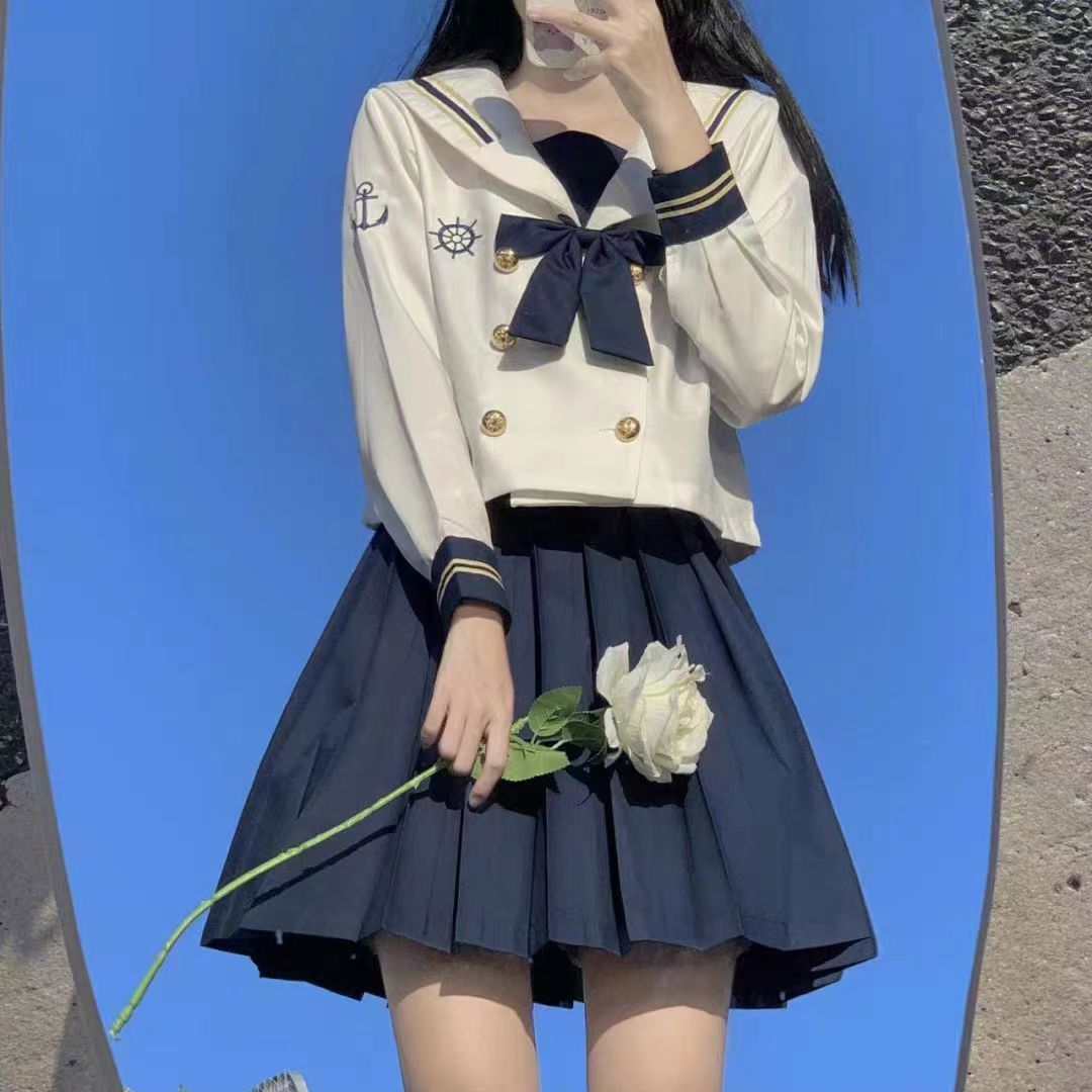 jk水手服制服套装日系航海少女长袖短绣中间服班服学生装水手服