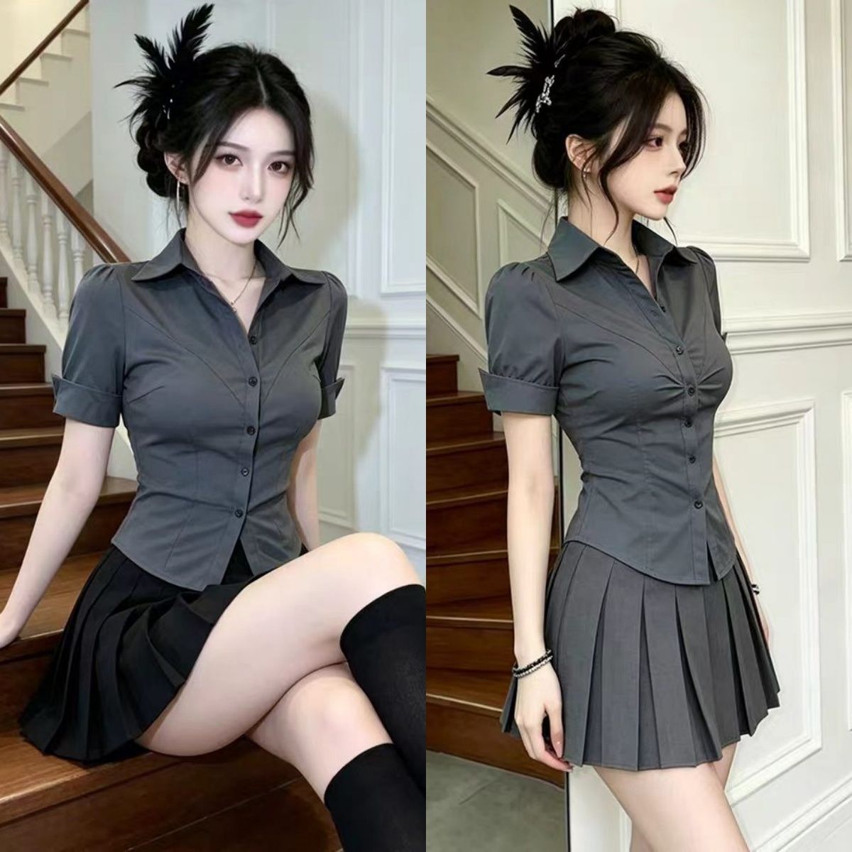沐足技师工衣减龄套装电竞网咖前台工作服学院风jk制服收腰两件套