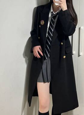 原创校供JK制服大衣女秋冬学院风双排扣中长款小个子黑色毛呢外套