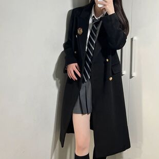 原创校供JK制服大衣女秋冬学院风双排扣中长款小个子黑色毛呢外套