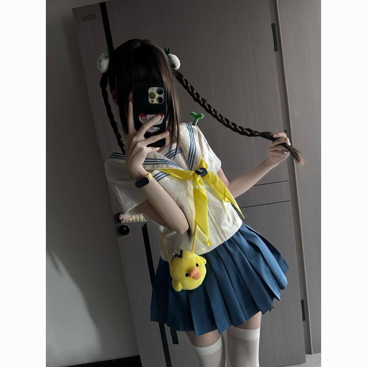 小甜町JK制服穿搭正统白领蓝三本短袖水手服搭配蓝色百褶