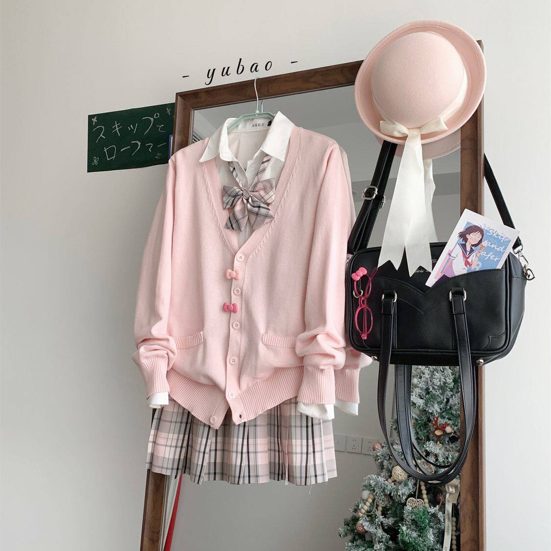 香草圆子原创JK制服春秋冬套装格裙衬衫长袖毛衣开衫学院风校供女