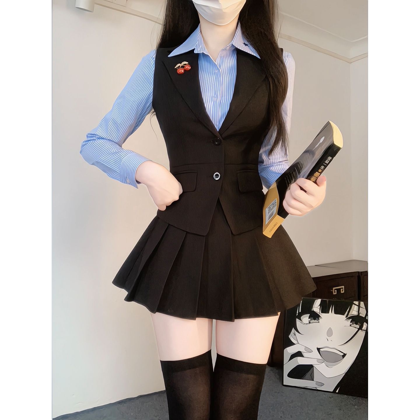 春秋百搭时尚条纹长袖衬衫显瘦女装西装马夹时尚套装学院风JK套装