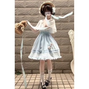 【奶蓝软糖】日系清新浅蓝色斗篷连衣裙软萌小个子设计小众轻lo裙
