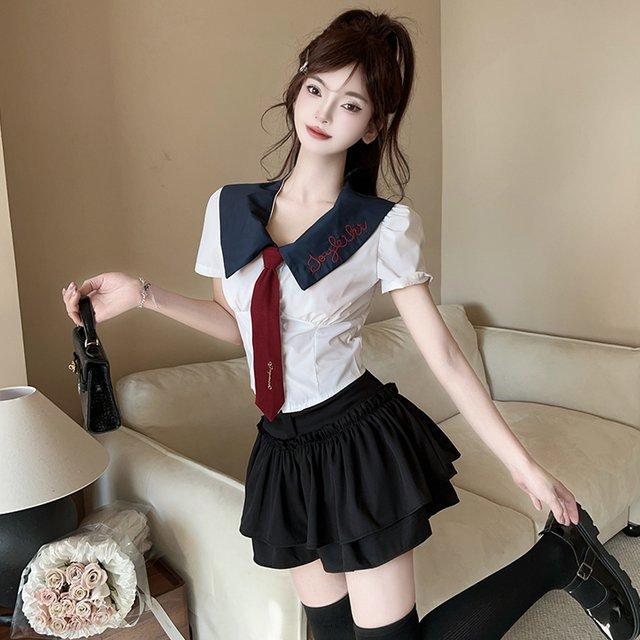 新款甜辣学院风减龄拼色领JK制服短衬衣高腰半身蛋糕裙套装女潮