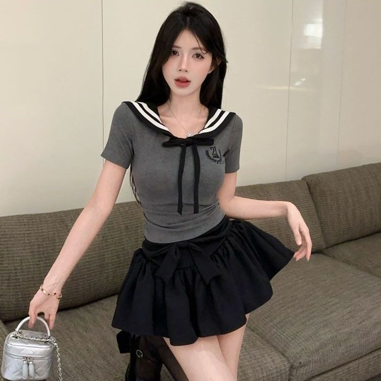 时尚韩版学院风套装辣妹海军领jk上衣修身减龄T恤蝴蝶结蛋糕裙裤