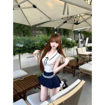 纯欲甜辣妹小飞袖针织衫韩系学院风蓝色百褶裙迪士尼穿搭两件套装