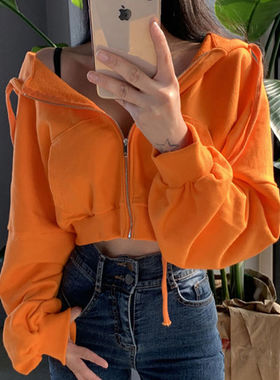 秋季新款女百搭连帽拉链双口袋设计宽松长袖短款时尚橙色卫衣外套