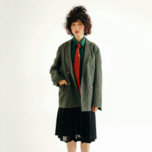 休闲饮料chill 外套百搭绅士呢料 drink日系复古墨绿宽松西装