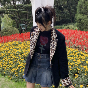 休闲饮料chill 外套宽松百搭秋冬 drink日系复古豹纹黑色西装