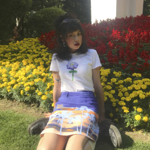 休闲饮料chill drink复古风景印花显瘦包臀半身裙短裙女夏