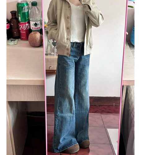 美式辣妹微喇牛仔裤女夏新款深蓝色竹节纹修身窄版拖地马蹄裤子潮