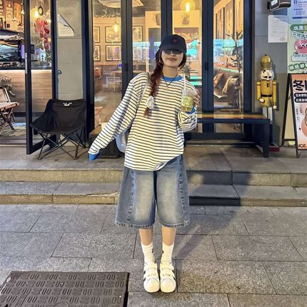 美式复古水洗五分牛仔裤女夏季高腰显瘦宽松直筒阔腿中裤六分短裤