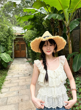 法式少女浪漫风！蕾丝花边吊带层层背心飞袖上衣