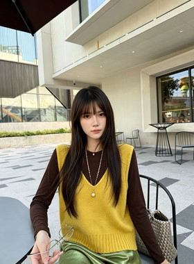 2026秋冬新款韩版宽松显瘦百搭纯色圆领假两件针织背心女毛衣上衣