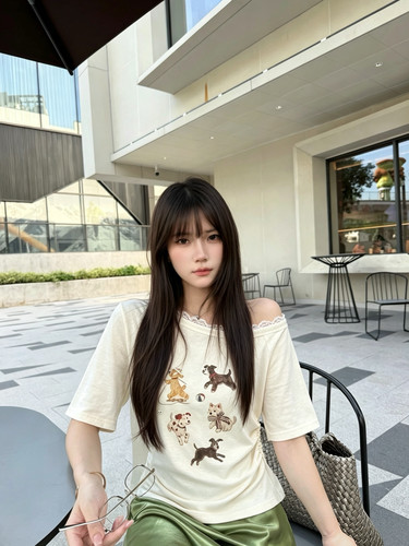 韩系chic蕾丝花边一字肩短袖T恤女夏季新款宽松显瘦减龄上衣