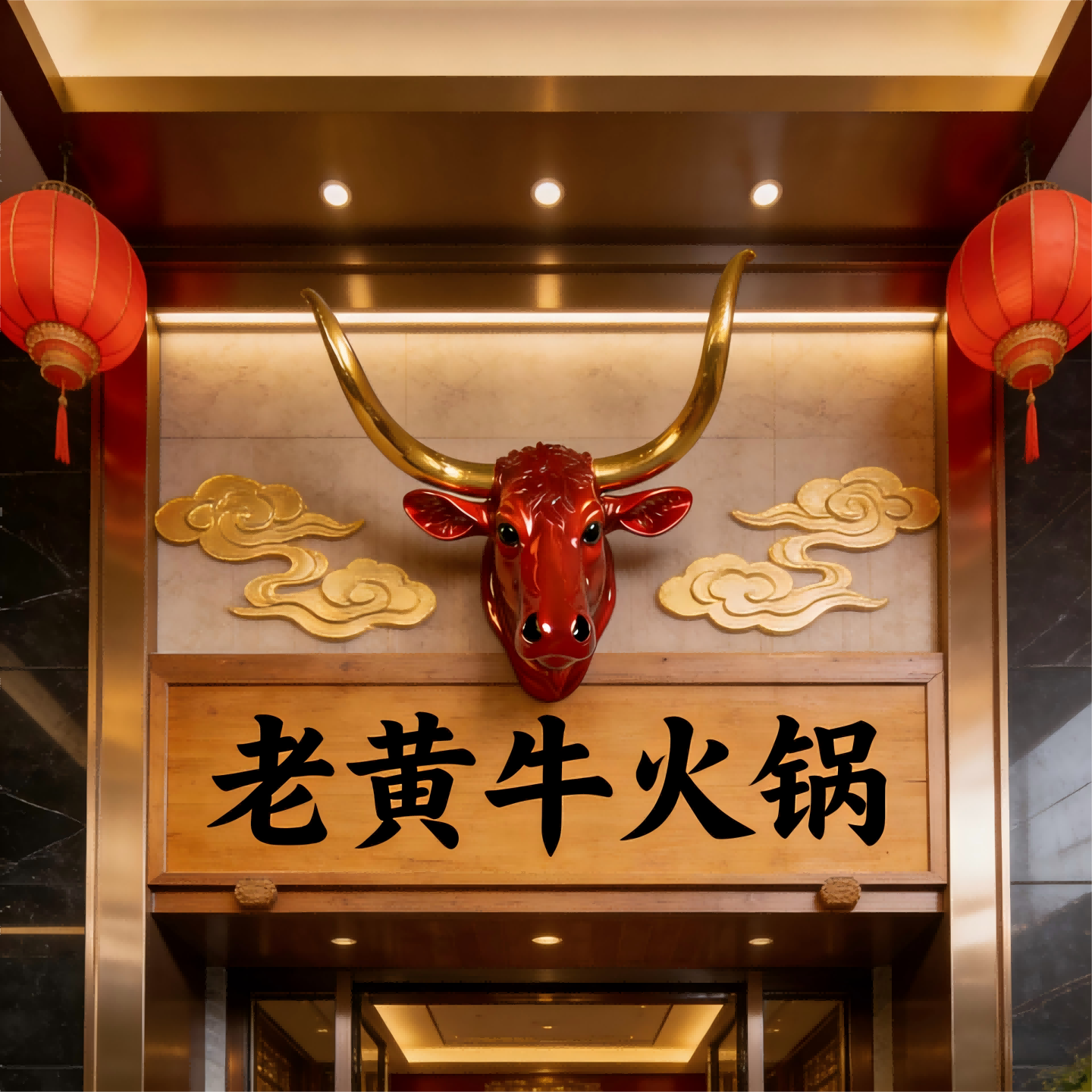 中古风民俗农家院餐饮烧烤火锅店门头墙面装饰设计轻奢牛头壁挂饰