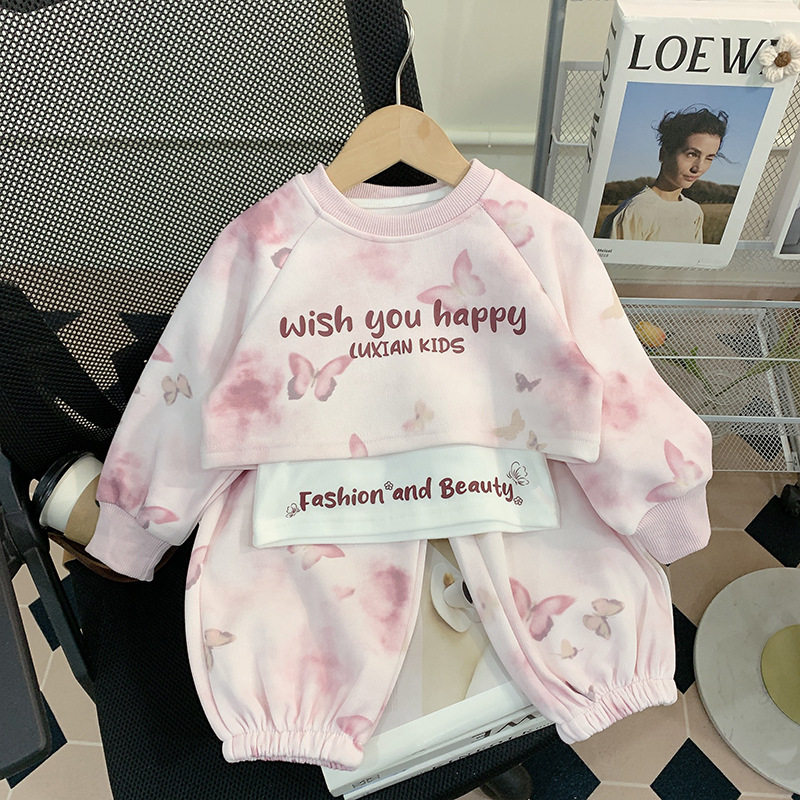 童装女童秋装套装中小童长袖扎染卫衣背心休闲裤儿童运动服三件套